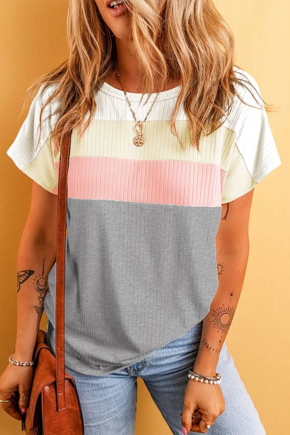 Gray Ribbed Color Block Patchwork T-shirt - Love Salve